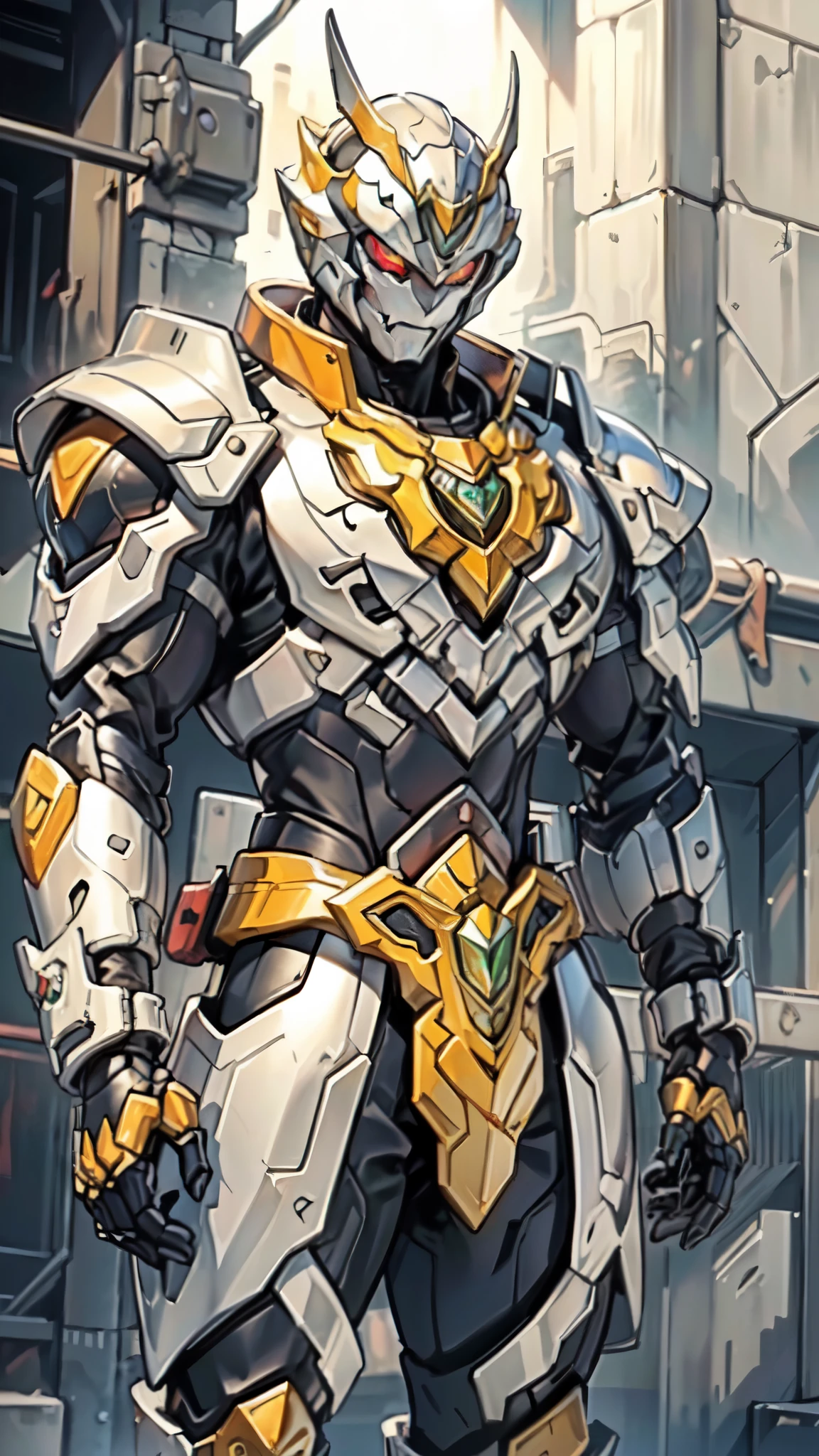 (masterpiece:1.5, best quality:1.5, extremely delicate:1.5), ((male:1.5)), a man wearing a full-face helmet, high-tech biomimetic armored combat suit, (a composite layered chest armor), the design balances heavy with agility, fully enclosed shoulder guards, matching arm and leg guards, a belt of gemstone, (the color scheme is primarily Red with Green and Yellow accents, Organic Biotech, Concept Inspired by Lamborghini, glowing eyes, armor glows), stand of a futuristic sci-fi city, this character embodies a finely crafted fantasy-style armored hero in anime style, exquisite and mature art style, metallic, high definition, highres, ultra-detailed, ultra-fine painting, professional, perfect body proportions, golden ratio, anatomically correct, symmetrical face, extremely detailed eyes and face, high quality eyes, creativity, RAW photo, UHD, 32k, Natural light, cinematic lighting, (masterpiece-anatomy-perfect:1.2)