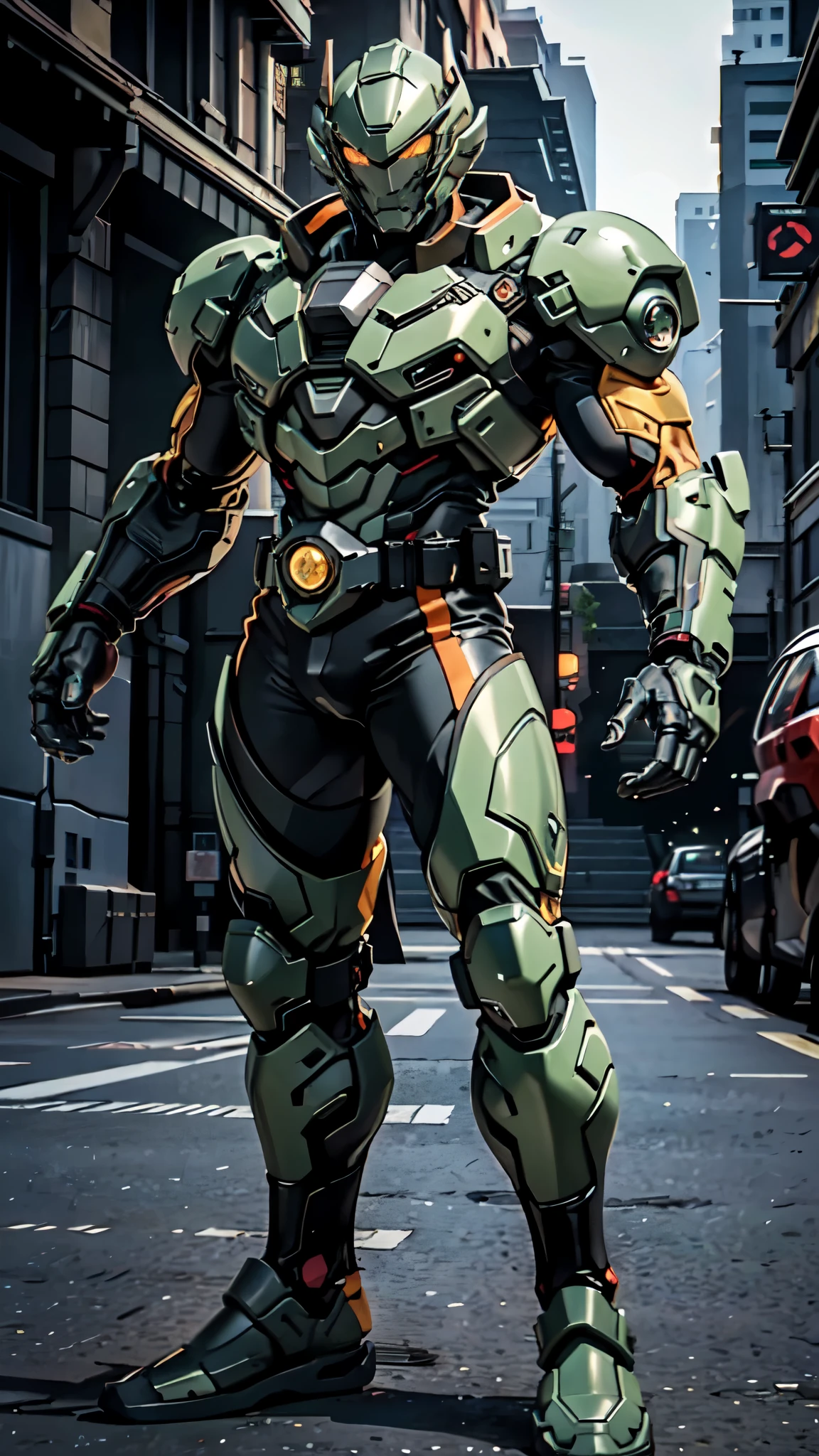 (masterpiece:1.5, best quality:1.5, extremely delicate:1.5), ((male:1.5)), a man wearing a full-face helmet, high-tech biomimetic armored combat suit, (a composite layered chest armor), the design balances heavy with agility, fully enclosed shoulder guards, matching arm and leg guards, a belt of gemstone, (the color scheme is primarily Green with Aqua and Red accents, Organic Biotech, Concept Inspired by Demon Knight, glowing eyes, armor glows, the huge cape fluttering in the wind), stand of a futuristic sci-fi city, this character embodies a finely crafted fantasy-style armored hero in anime style, exquisite and mature art style, metallic, high definition, highres, ultra-detailed, ultra-fine painting, professional, perfect body proportions, golden ratio, anatomically correct, symmetrical face, extremely detailed eyes and face, high quality eyes, creativity, RAW photo, UHD, 32k, Natural light, cinematic lighting, (masterpiece-anatomy-perfect:1.2)