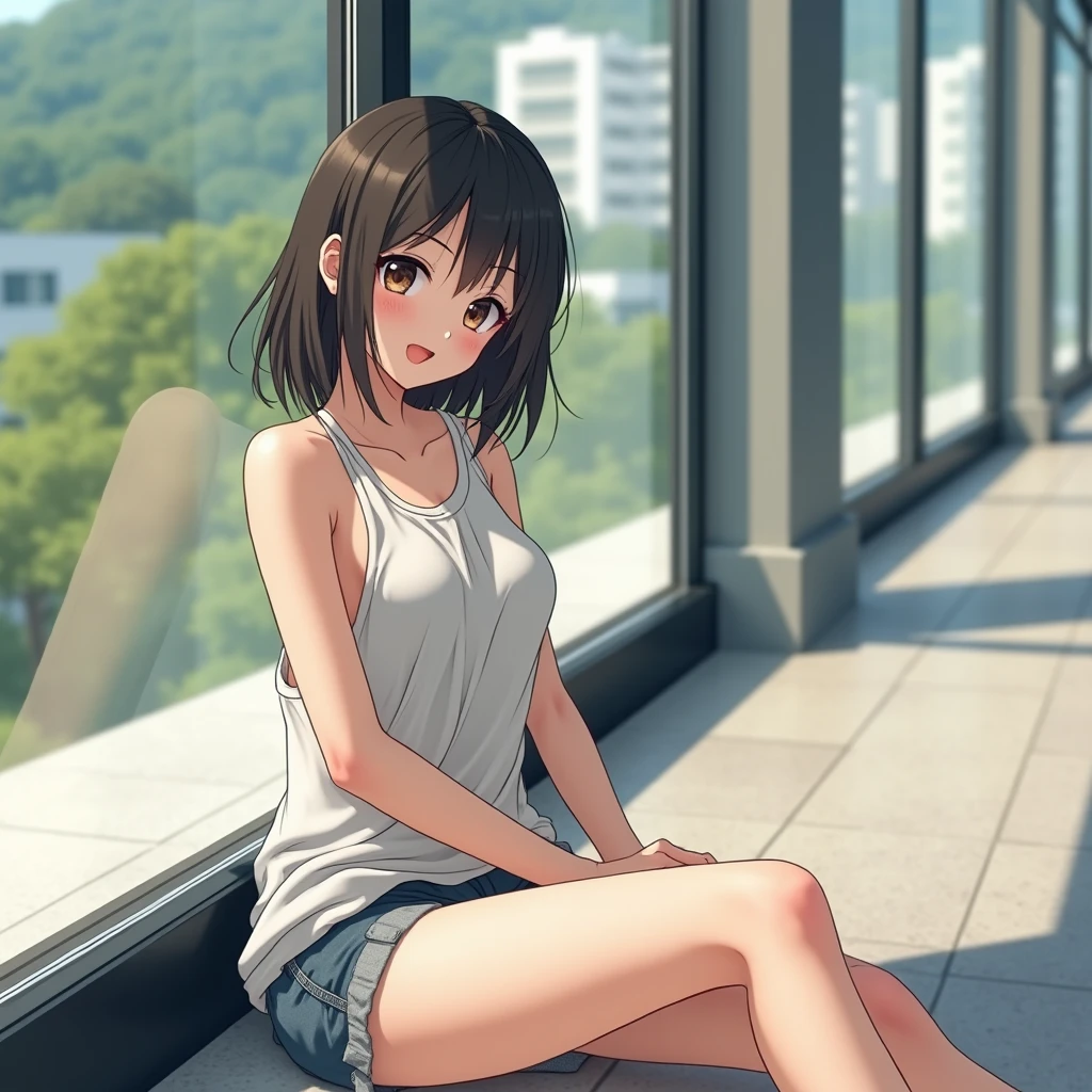 Absurd, Masterpiece, Top Quality, Best Quality, Masterpiece, Official Art, Break, Blue Sky, Clouds, Miyako Island, Okinawa, Break, Model, 18 years old, Brown, Beautiful Girl, Break, Evening, Break, White Sundress, Sandals, Shoulders bare, Short length, Break, The temperature is hot, Sweaty, Break, Black hair, Brown eyes, Break, Dry throat, Drinking water, break, leaning against the wall, sitting, break, angle from below, break,