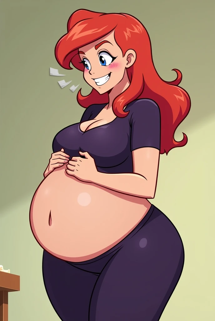 ((High Quality image 10k)) ((Perfect Autonomy 10k)) Masterpiece, Elizabeth Afton, solo girl, white girl, orange hair, green eyes, cute face, smug grin, wearing red bow on top of her head,  naked, medium sized breasts, massive fat belly, a lot of pubic hair, very big Feet, barefoot, Elizabeth Afton Equestria girls, full body, Standing, in the living room, Elizabeth Afton, cuerpo completo, High ressolusin 