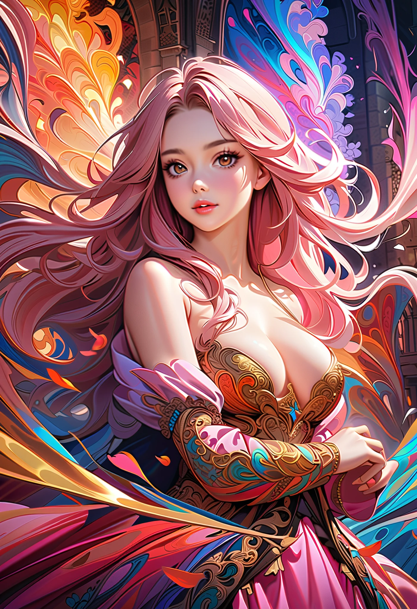 ( best quality, High image quality, high definition , 8k), ( 1 girl), scum involved in image quality , 耳Nipple Ring, Baroque style fluffy skirt, fantasy standing in a church, Perfect Face , beautiful delicate eyes , Beautiful brown eyes, pink lips, Long chestnut hair, hair flowing in the wind , Anatomically Beautiful Body , Beautiful fingers, Detailed illustrated art with rich oil painting style , ( abstract background , fractal art:1.3), (Colorful, colorful :1.1), petals, vibrant colors, backgrounds,