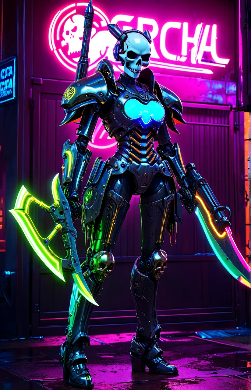 personification, armored mechanical harvester , metal skull,  gothic cape ，cyberpunk, neon glow,  luminous neon lights , sickle, (  global lighting, ray tracing, HDR, Unreal rendering, reasonable design , high detail,   masterpiece ,  best quality,  hiper HD,  Cinematic lighting), Mecha musume