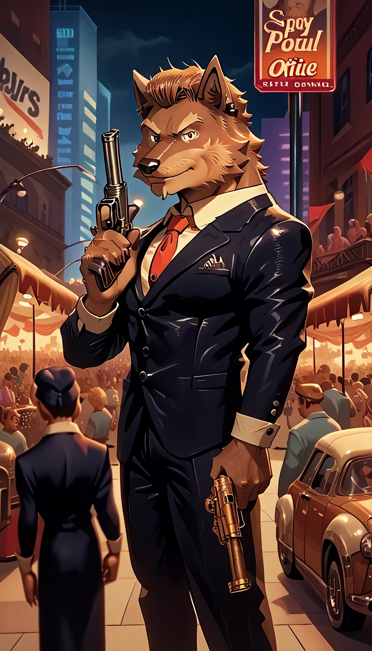 James Bond,in mission, 60’s hairstyle,young,classy clothes,spy outfit,retro era,old comics,inspired by Bibb Morane,gun, fur-trimm,wolf furry,festival city background
