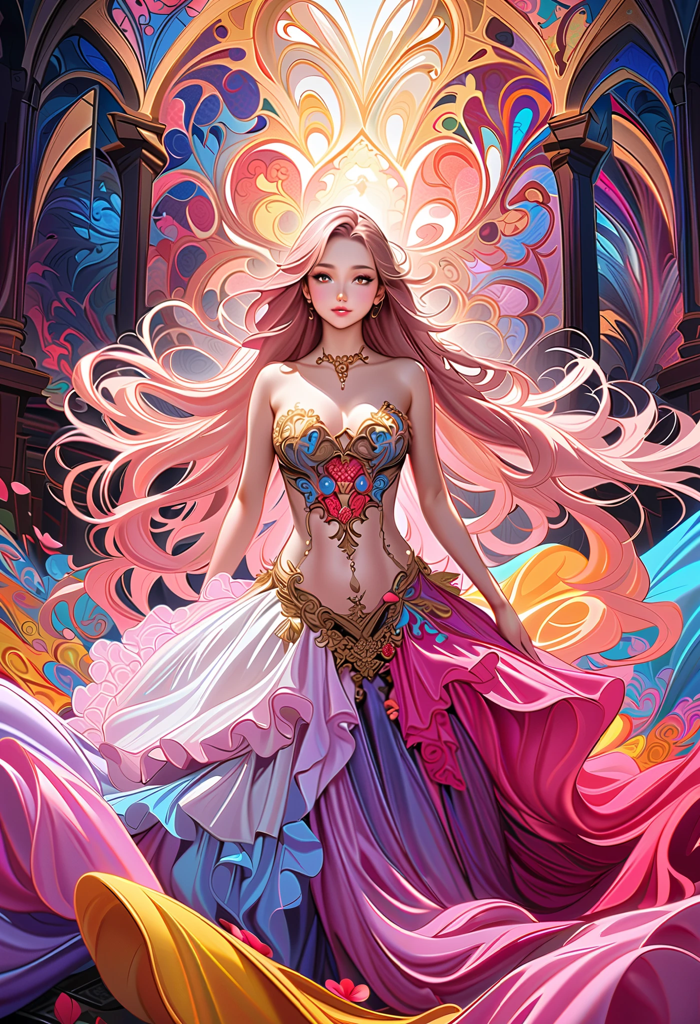 ( best quality, High image quality, high definition , 8k), ( 1 girl), scum involved in image quality , 耳Nipple Ring, Baroque style fluffy skirt, fantasy standing in a church, Perfect Face , beautiful delicate eyes , Beautiful brown eyes, pink lips, Long chestnut hair, hair flowing in the wind , Anatomically Beautiful Body , Beautiful fingers, Detailed illustrated art with rich oil painting style , ( abstract background , fractal art:1.3), (Colorful, colorful :1.1), petals, vibrant colors, backgrounds,