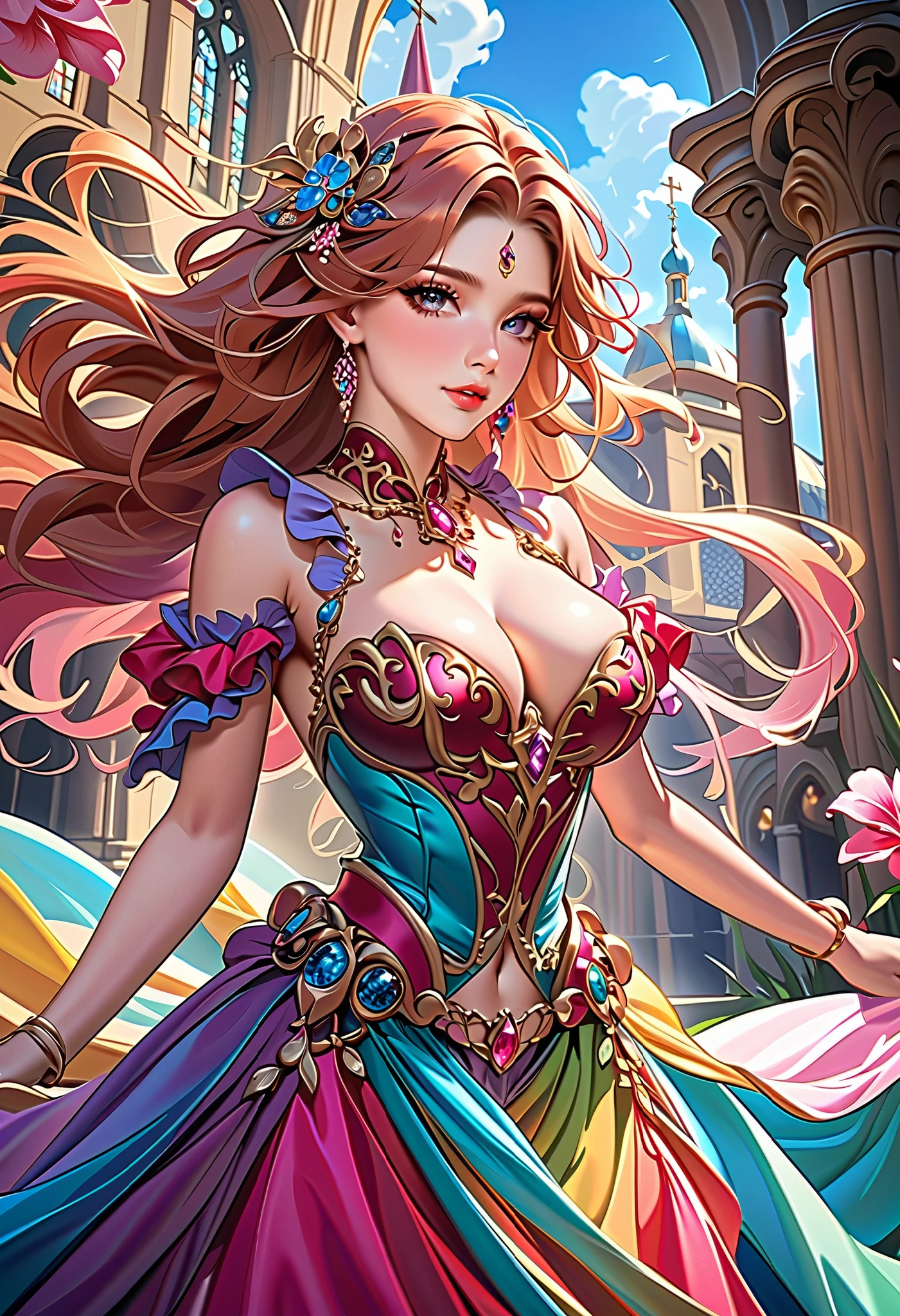 ( best quality, High image quality,  high definition , 8k), ( 1 girl),  scum involved in image quality , 耳Nipple Ring, Baroque style fluffy skirt,  fantasy standing in a church,  Perfect Face ,  beautiful delicate eyes , Beautiful brown eyes,  pink lips, Long chestnut hair,  hair flowing in the wind ,  Anatomically Beautiful Body , Beautiful fingers, Detailed illustrated art with rich oil painting style , ( abstract background ,  fractal art:1.3), (Colorful,  colorful :1.1),  petals,  vibrant colors,  backgrounds, 