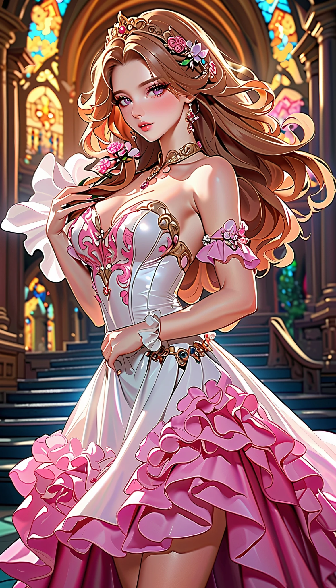 ( best quality, High image quality,  high definition , 8k), ( 1 girl),  scum involved in image quality , 耳Nipple Ring, Baroque style fluffy skirt,  fantasy standing in a church,  Perfect Face ,  beautiful delicate eyes , Beautiful brown eyes,  pink lips, Long chestnut hair,  hair flowing in the wind ,  Anatomically Beautiful Body , Beautiful fingers, Detailed illustrated art with rich oil painting style , ( abstract background ,  fractal art:1.3), (Colorful,  colorful :1.1),  petals,  vibrant colors,  backgrounds, 