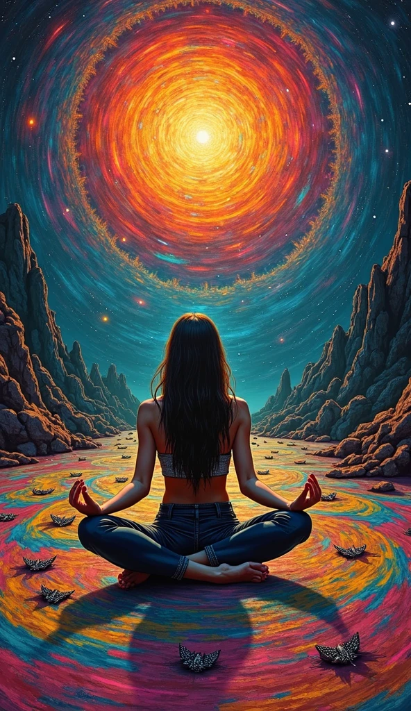 A happy and peaceful person doing energetic cleansing, on a cliff with a wonderful view of the galaxies, arte transgressora, foco nítido, 8 mil, octan render , cores saturadas, pastels colors
