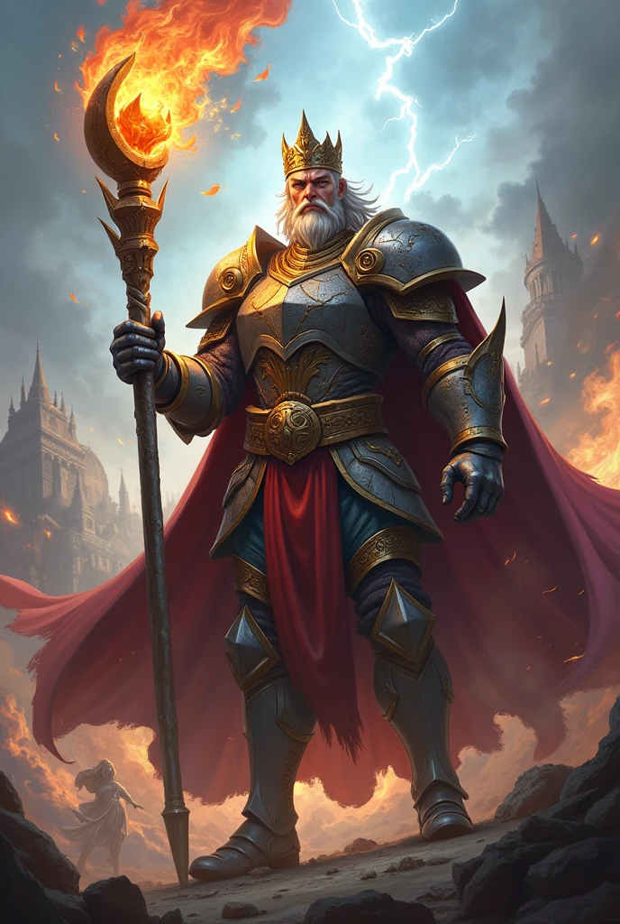 Dwarf with candelabra and a crown and sandals and powers of lightning and ice around