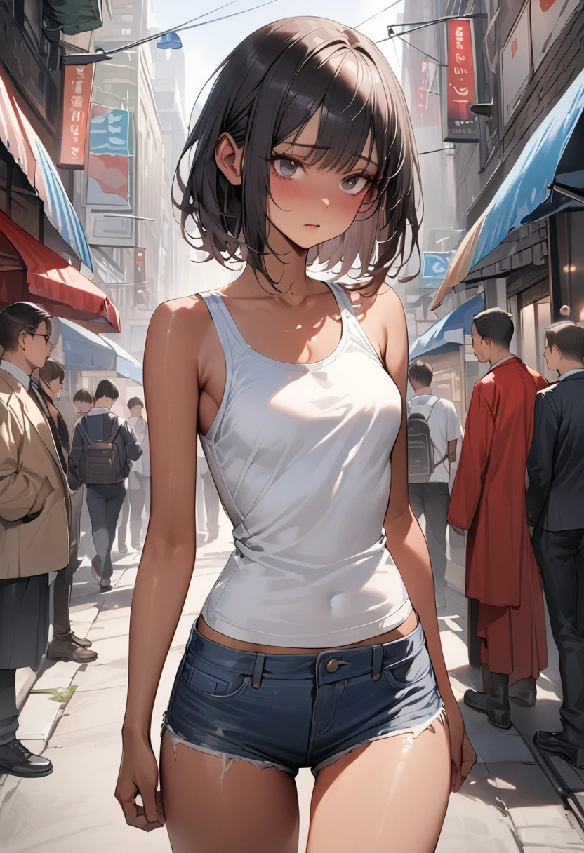 ((masterpiece,Highest quality:1.3,best quality illustration)),(realistic:1.2)、cowboy shot,独奏,1woman,(Mature Beauty),black hair,(very short bob hair),bangs,black eyes,(gorgeous  big eyes),(very small head),shy,(very long body,skinny,slender body,tan skin),small breasts,gleaming skin,oily skin,(Navy blue baseball jacket)、denim micro shorts,White tank top,on street,New York City、
