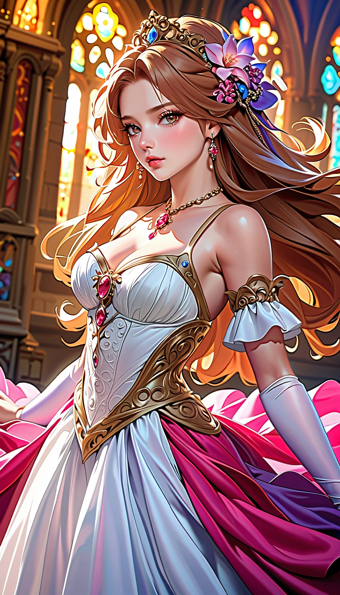( best quality, High image quality, high definition , 8k), ( 1 girl), scum involved in image quality , 耳Nipple Ring, Baroque style fluffy skirt, fantasy standing in a church, Perfect Face , beautiful delicate eyes , Beautiful brown eyes, pink lips, Long chestnut hair, hair flowing in the wind , Anatomically Beautiful Body , Beautiful fingers, Detailed illustrated art with rich oil painting style , ( abstract background , fractal art:1.3), (Colorful, colorful :1.1), petals, vibrant colors, backgrounds,