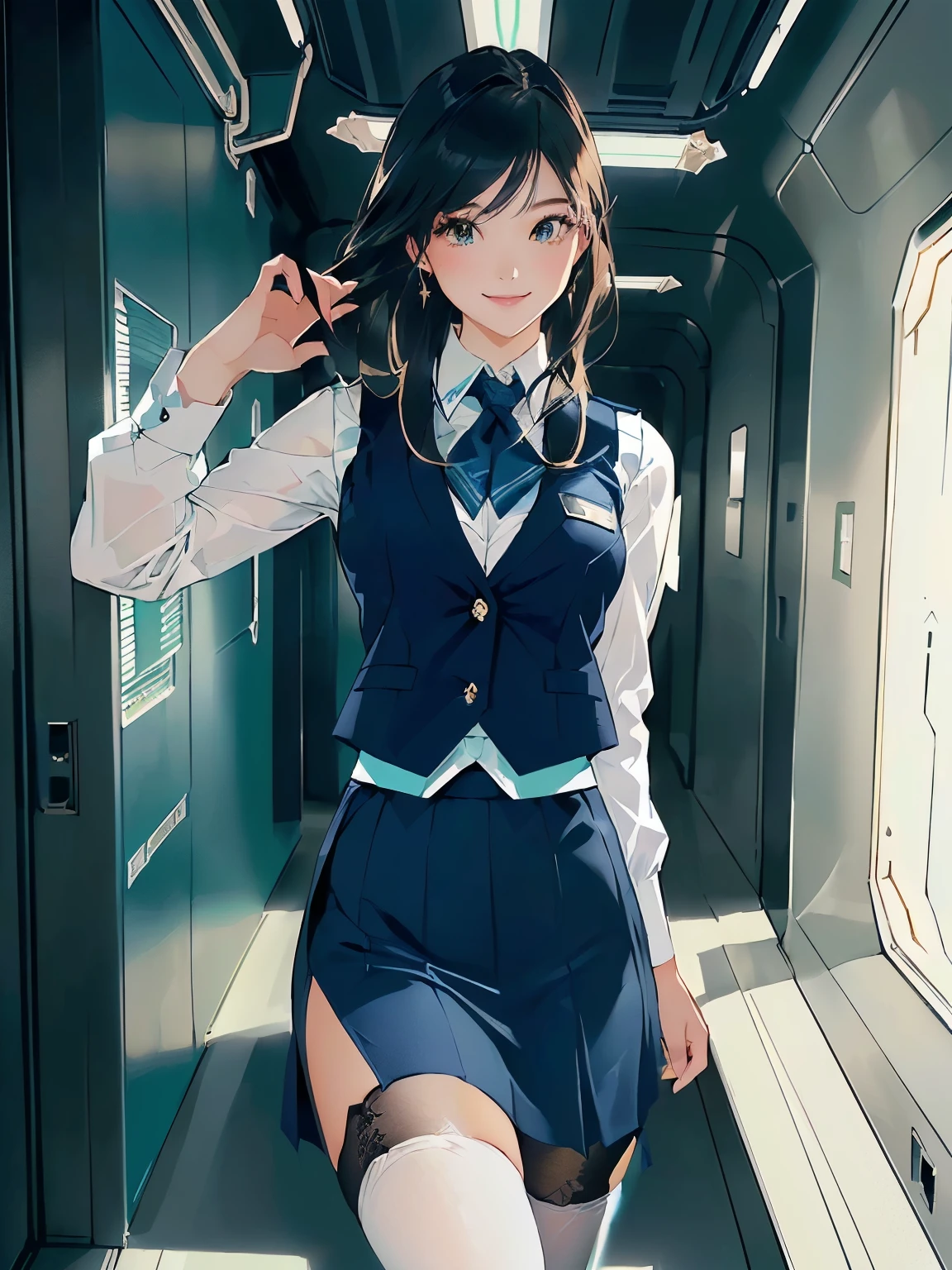 Top quality, 8K, masterpiece, ultra-detailed, photoreal, ((smooth hair)), ((normal right hand)), walking on spaceship corridor, stars from space ship window, green indicator, blue indicator, there is a female conductor in a dark blue vest on white business shirt, ((wearing dark blue tight skirt on black tights on healthy thighs)), style artgerm, office clothes, extremely detailed artgerm, well - dressed, sakimichan, business attire, fully clothed. painting of sexy, highly detailed exquisite fanart, ig model | artgerm, beautiful alluring anime woman, trending on cgstation, smiling intimately, looking at viewer, high resolution, 