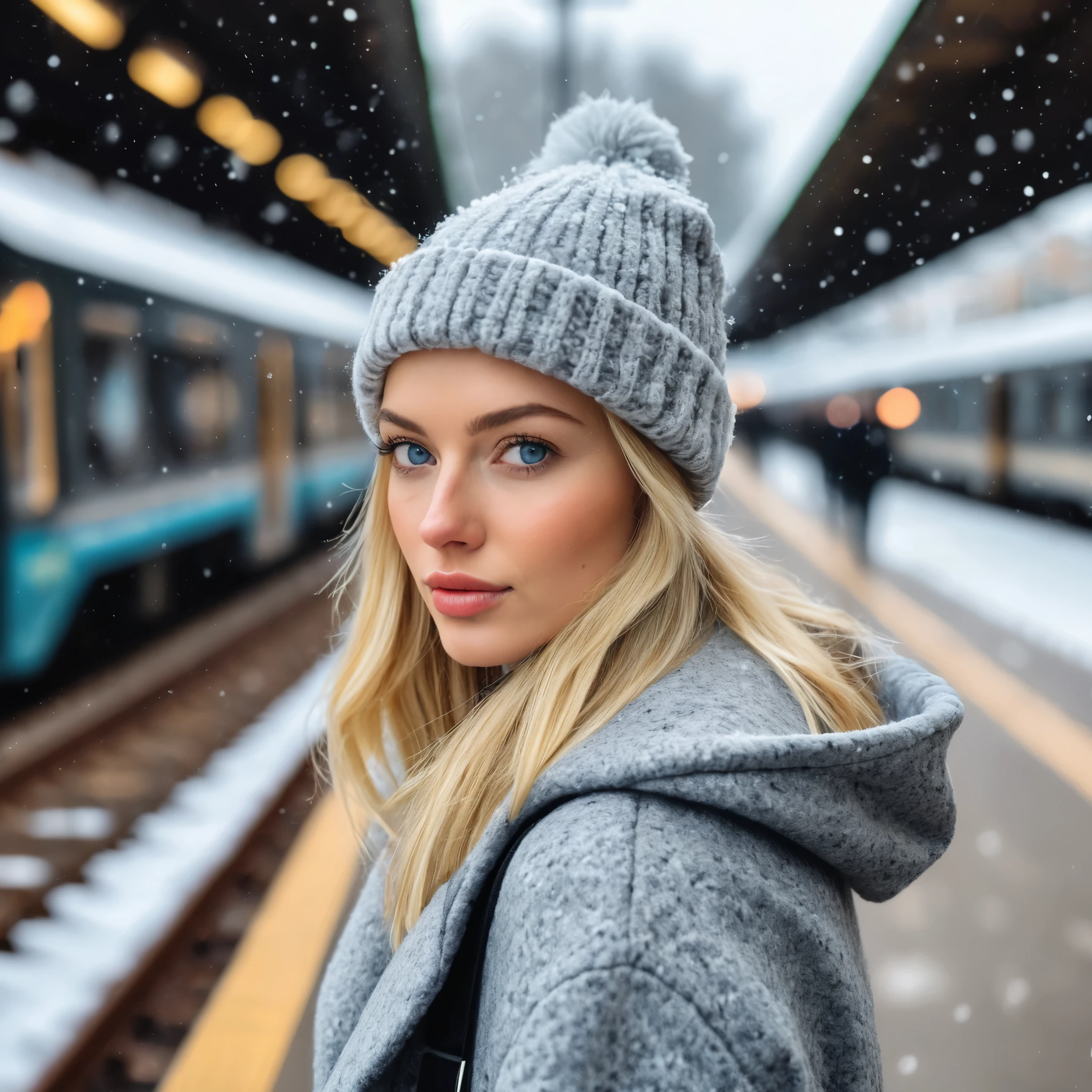 a professional portrait photography of a beautiful young blond woman standing in train station; detailed beautiful face; she wearing an fleece coat, sweatpants and gray wool hat; winter season; cozy atmosphere; diffused light; soft focus; depth of field; intricate detailed;