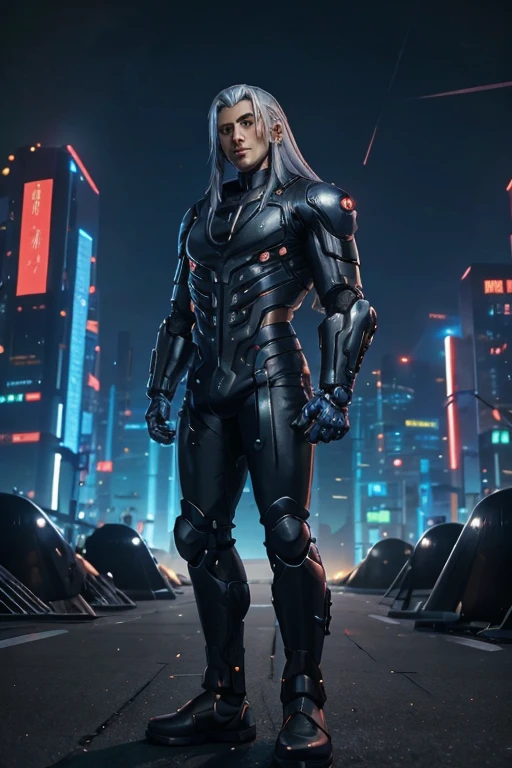  handsome young man ,   Massive figure.Long silver hair  ,  Bodysuit , 未来主义科幻 cyberpunk背景.there are men in uniforms standing next to a motorcycle, 受 Adrian Zingg 启发的 cyberpunk艺术, shutterstock,  conceptual art , dressed in tech suit and armor ,  cyberpunk服装,  cyberpunk, Network Service, Movie Blu-ray, 未来主义科技服装,  shooting in a space tech suit , 坐在 cyberpunk摩托车上, diverse Network Service, Full Body Mechanical Bodysuit  , , character design man
