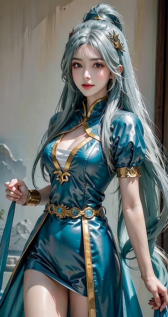 Kentei Academy Uniform、Swordsmanship Master、1Beautifulwoman、Kenjutsu Academy Uniform、,Blue hair,short-cut、skirt by the,Golden and blue eyes、Dynamism、Slow shutter、Angle from above the knee、Breasts are small and B size、A slender、Cleavage is visible。legs are thin and beautiful,the skin is white and transparent,high-heels、Gold Anklet、Swordsman's stance