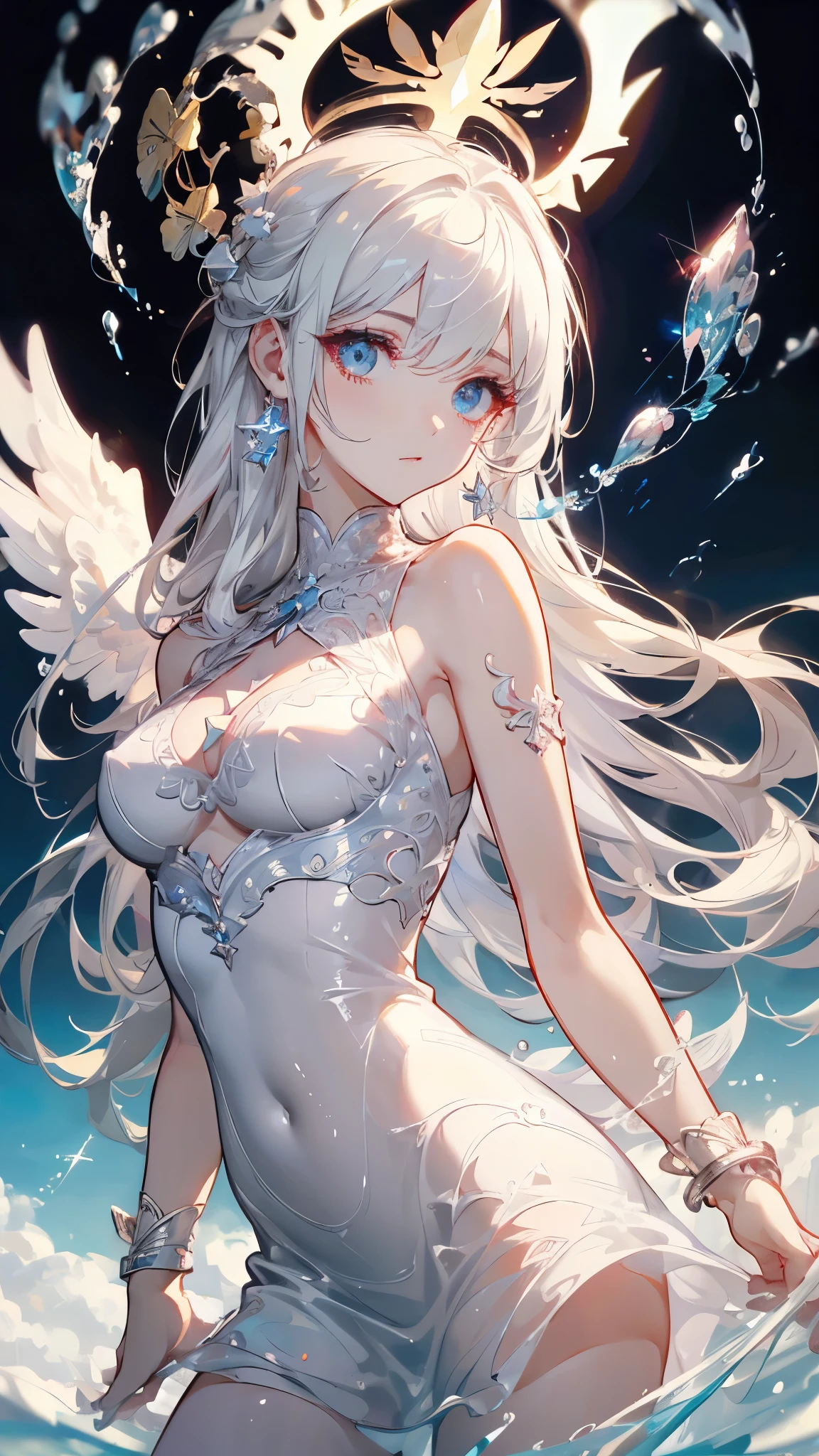 ((a extremely delicate and beautiful girl)), ((girl kawaii)), (super fine illustrations), (beautifully painted), manga cover, hdr, Standing on the surface of the sea, wet, (1 girl), (teenage girl), long hair blown up, white and silver hair, hair fluttering in the wind, (extremely detailed cute anime face), (seductive smile), complex details beautiful and delicate eyes, closed mouth, Delicate arms and hands, large breasts, thighs, pale blue eyes, white skin, Beautiful accessories, her hair is becoming flower, earrings, gem necklace, bracelet, flower, (white bikini), dress shirt, wet clothes, Bare shoulder, white Clothes, beach, sunlight, on beautiful detailed water, luminous particles, flowing transparent white, (((best quality))), ((wallpaper 8k CG)), masterpiece