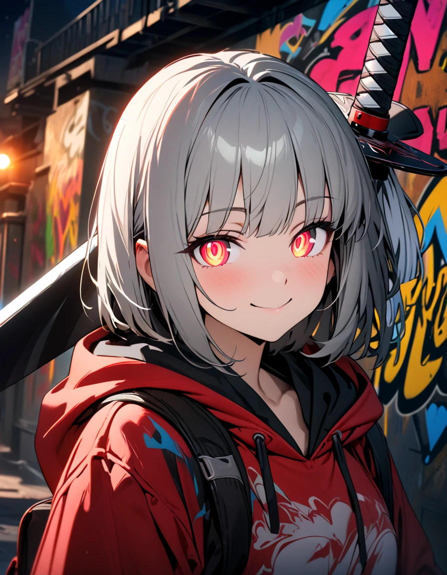 masterpiece,  best quality, 8k, detailed background, masterpiece,  best quality, smile,  ornament,  hoodies , Portraiture, Neon Red, graffiti, dark, night, Shining Eyes,  black light,Konpaku Youmu,Japanese Sword Sword Sword Sword,beautiful blade 