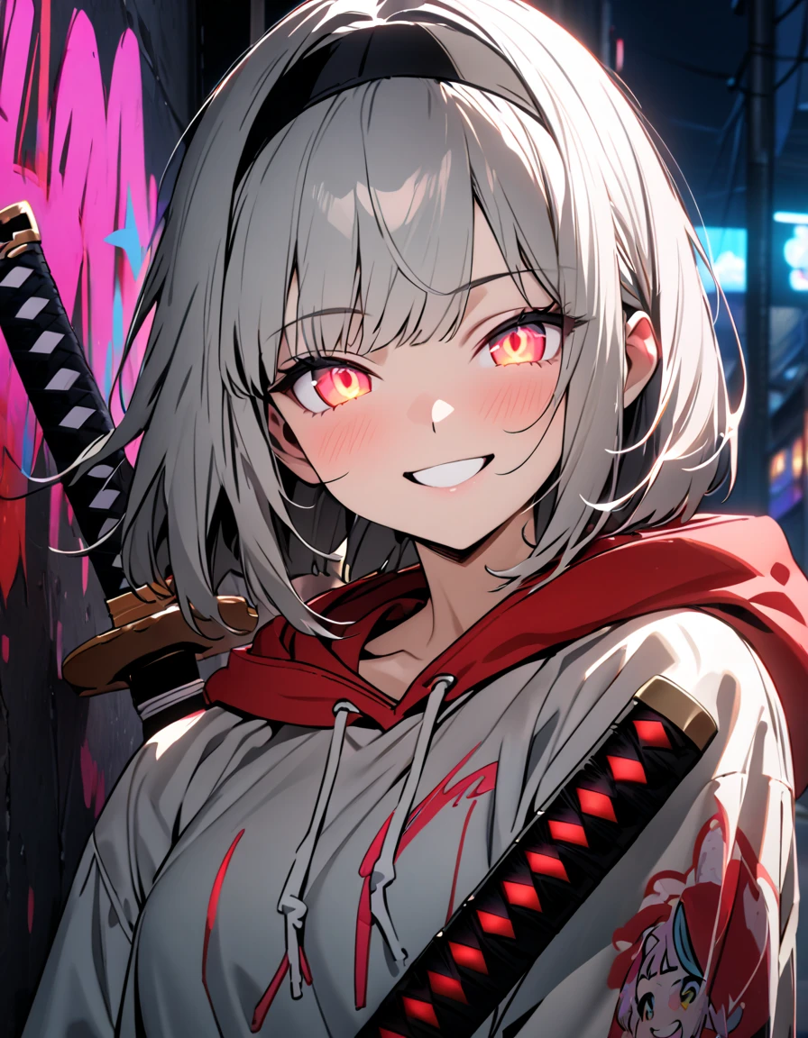 masterpiece,  best quality, 8k, detailed background, masterpiece,  best quality, smile,  ornament,  hoodies , Portraiture, Neon Red, graffiti, dark, night, Shining Eyes,  black light,Konpaku Youmu,Japanese Sword Sword Sword Sword,beautiful blade 