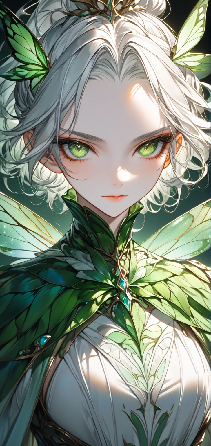 Ultra high resolution, rich colors, perfect image, best quality, detailed image, beautiful single woman, glowing skin, skin and clothing texture, delicate eyes, white background, fairy king, breasts, fairy king wings, fairy king costume, (((silver hair wavy short hair ponytail))), green eyes