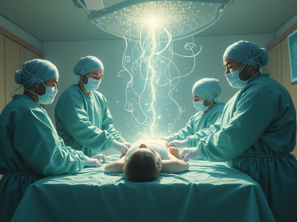 Image Description:
The image should illustrate the risks associated with electrosurgery with four main areas:
sunburns: Display an area of the patient's skin with visible signs of burns due to inadequate electrical current..
fires: Show a small fire in the surgical field caused by electrical sparks in contact with flammable materials.
electric shock: Illustrate a surgical team member receiving an accidental electrical shock, with visible sparks.
Leakage Current: Repre