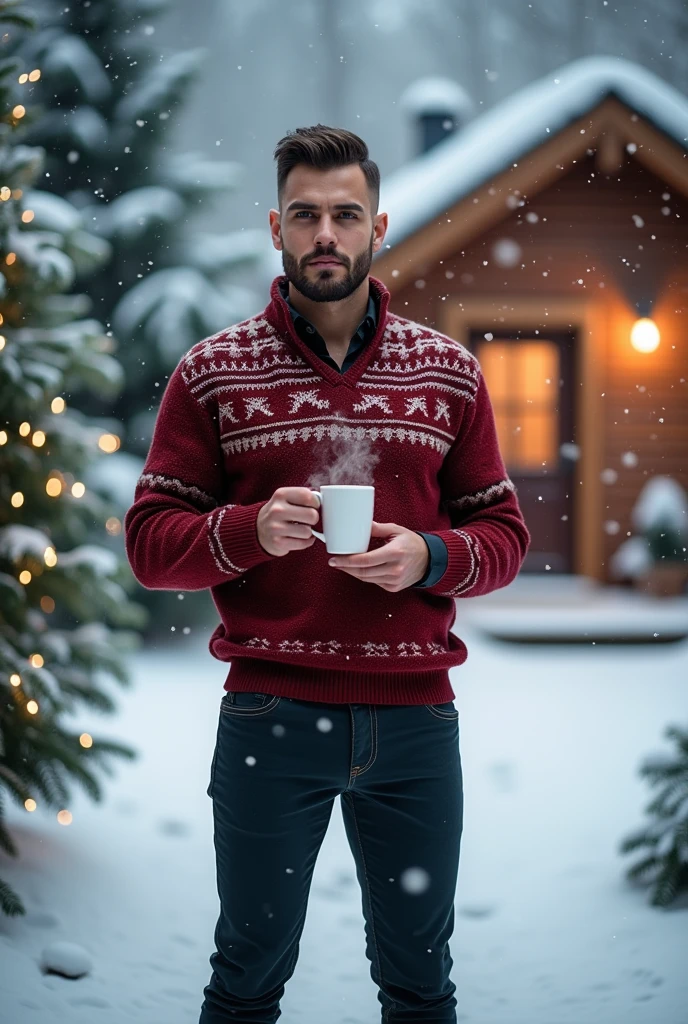 25 year old handsome man, manly, muscular, visible abs, brown short hair, short stubble beard, holding 2 cups of hot wine, standing next to small round wood table, Christmas market, winter, snow, cold, looking thoughtful to the camera, awaiting someone