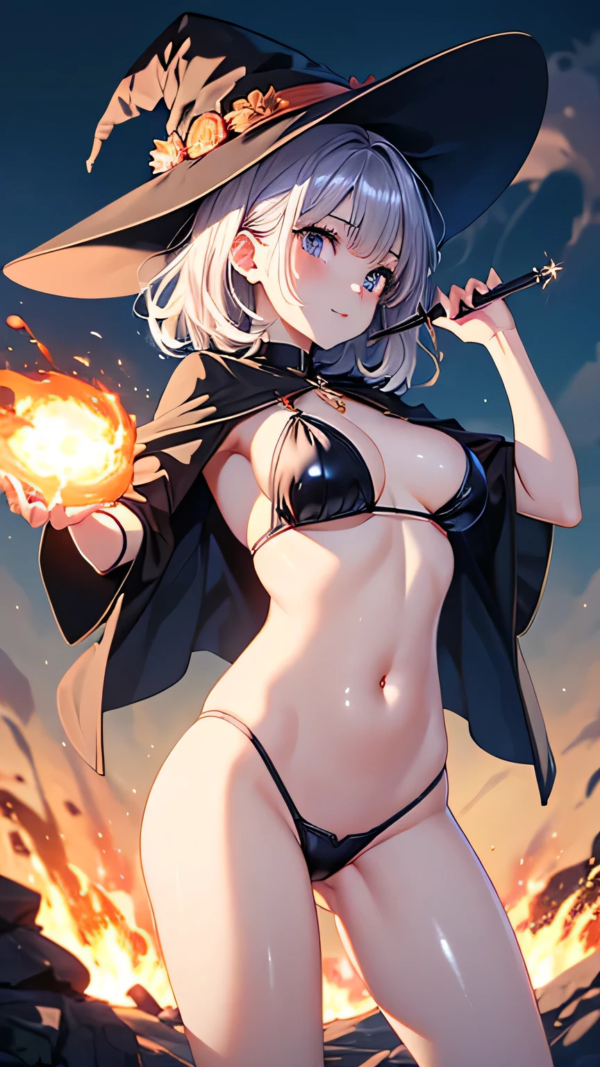 (medium breasts), Perfect Face, Symmetrical face, (shiny skin:1.6), (glossy skin:1.6), break, ((Beautifully hand-drawn)), sexy, (cute witch, witch hat, witch mantle, cute frills magical girl costume, ancient magic world, fantasy world, volcano with orange and white smoke and lava spewing from it, erupting volcano, volcano exploding, volcano eruption, volcanic eruption, amazing volcanic eruption, vulcano, volcano, erupting volcano in distance, active volcano, eruption, volcanos, volcanoes, volcanic, lava erupting, mount doom, volcano background, horizon of an erupting volcano), show off sexy body, Too much exposure, sex appeal, navel, show off sexy body, Too much exposure, purple eyes, white hair, asymmetrical hair, active pose, hold a wand