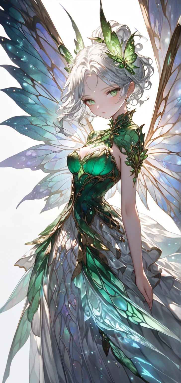 Ultra high resolution, rich colors, perfect image, top quality, detailed image, beautiful woman, glowing skin, skin and clothing texture, delicate eyes, white background, fairy king, breasts, fairy king wings, fairy king costume, full body, aura emanating from the body, (((silver hair wavy short hair ponytail))), green eyes