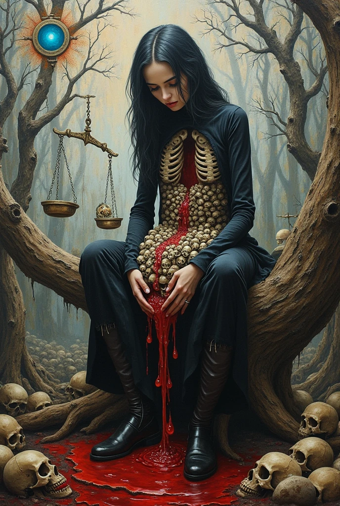 Oil painting. Girl Ghotic sitting on a tree trunk scary open body ...