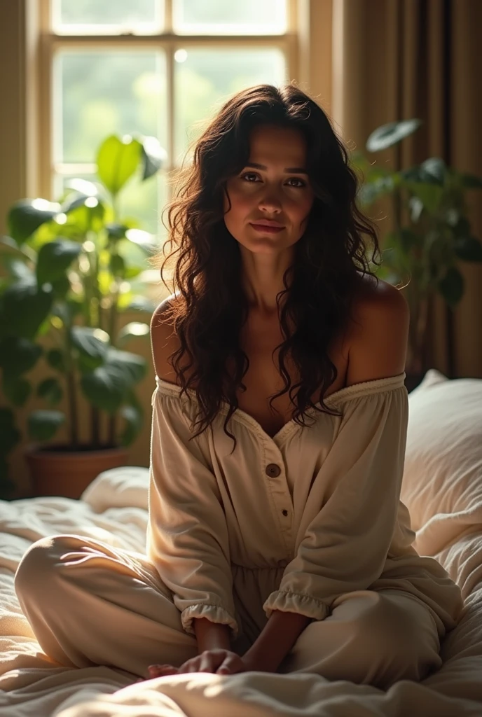 (photorealism:1.2), beautiful woman, sitting on bed, wearing loose off-shoulder top, pajama pants, long curly hair, indoors, soft lighting, plants in background, window with sunlight, cozy room, relaxed pose, realistic, intricate details, warm colors, by Greg Rutkowski, by Alphonse Mucha