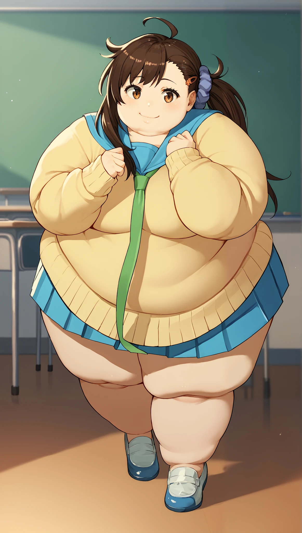 score_9, score_8_up, score_7_up, source_anime BREAK deraharu, ahoge, side ponytail, hair scrunchie, hairclip, blue sailor collar, school uniform, yellow cardigan, open cardigan, necktie, blue pleated skirt, classroom, looking at viewer, light smile, teasing, fat, chubby, obese, full body shot 