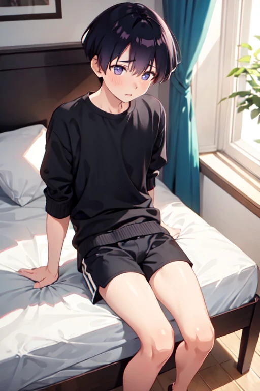 １４age　 one boy with w　 shorts　 bed　Anxious expression