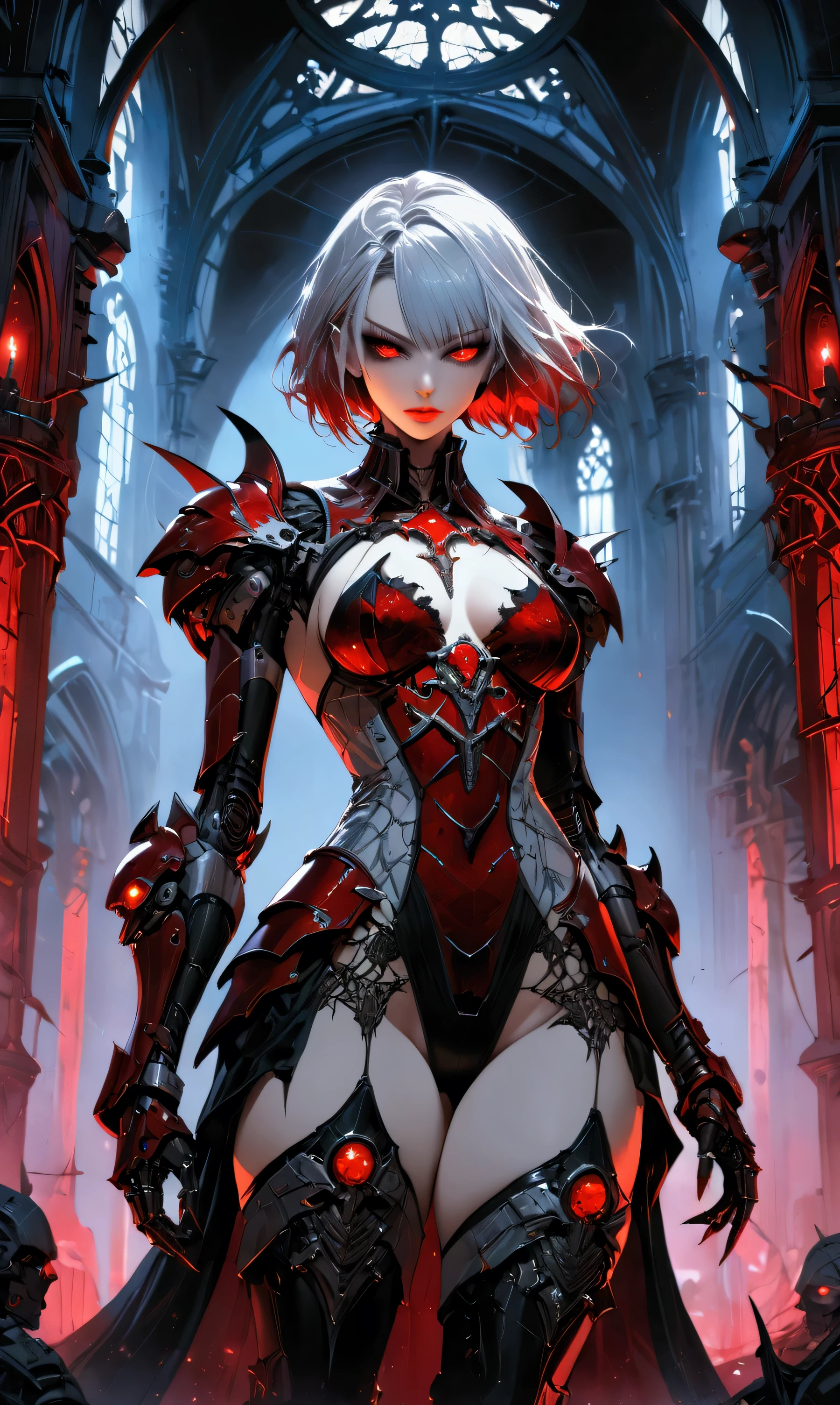 a portrait of mecha female vampire in a dark gothic cyberpunk church, an exotic exquisite beautiful mecha female vampire, dynamic hair color, short hair, dynamic eyes color, intense eyes,  glowing eyes, dynamic eyes color, wearing intricate mech armor, delicate mech armor, delicate blood veins in the armor, wearing thigh high heeled boots, dark gothic cyberpunk church background, vibrant, Ultra-high resolution, High Contrast, (masterpiece:1.5), highest quality, Best aesthetics), best details, best quality, highres, 16k, (ultra detailed: 1.5), masterpiece, best quality, (extremely detailed) RAW, (ultra details, Masterpiece, best quality), Dark Art Painting Style, Dark Fantasy page, bloodpunkai