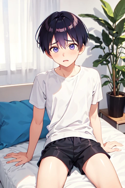 １４age　 one boy with w　 shorts　 bed　Anxious expression