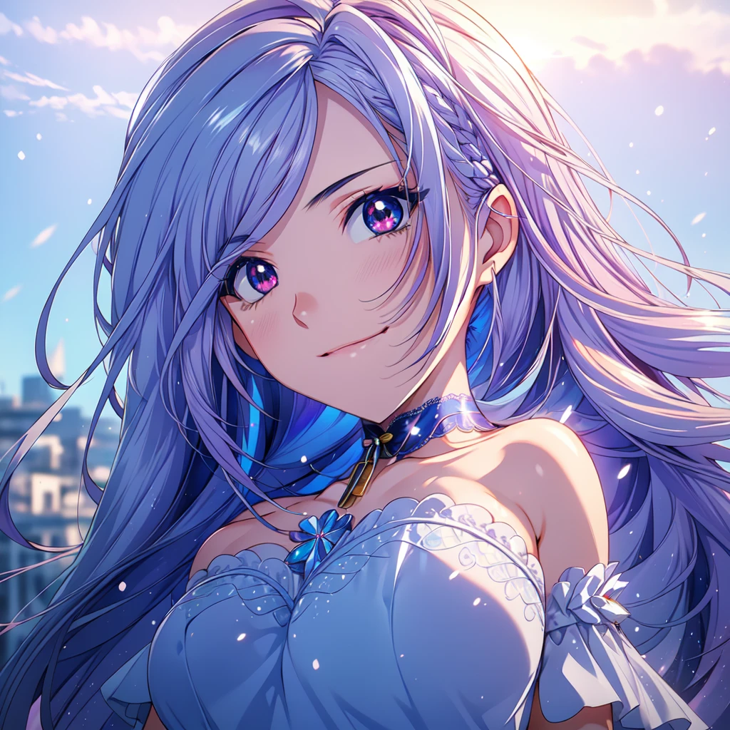 (masterpiece, Highest quality, beautifully、aesthetic:1.3), One person, alone, A light smile, (Silver-blue hair with purple stripes:1.4), (Gradient sky blue hair tip:1.6), hair, Ridiculously long hair, Single Side Lock, Wavy Hair, Shiny Hair, Floating Hair, (Bright red eyes), Delicate eyes, Aqua Eye, Very fine eye, Long upper eyelashes, compensate, Focus on the face, Very detailedフェイシャル, Pretty face, Perfect breasts, Hot body, (Delicate skin texture:1.2), Bridal Veil, lace trim dress, See through, Wedding dress, Outdoor, White Rose, garden, morning, Are standing, Very detailed,