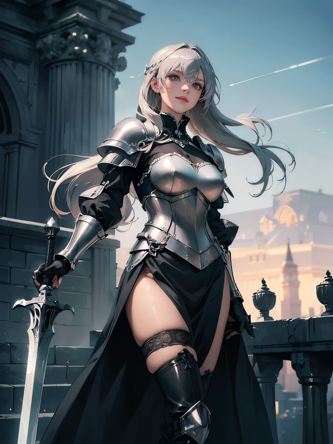 masterpiece, high resolution, high quality, super detail, best quality, 8k, An illustration for light novels with fine lines and medium saturation. ((holding black rod)), leather gloves on hands, A refined Kaihime-like female knight stands on a rooftop looking at the dawn sky, smiling faintly. She wears a gothic-style dress in charcoal with pale pink and silver accents, charcoal stockings, leather boots, and long silver gloves with charcoal fingertips., cinematic lighting, chiaroscuro, masterpiece, high quality, super detail, best quality, white elegant blouse with white collar, ((bringing a huge metal shield of knight corps on left arms)), huge metal mace on right hand