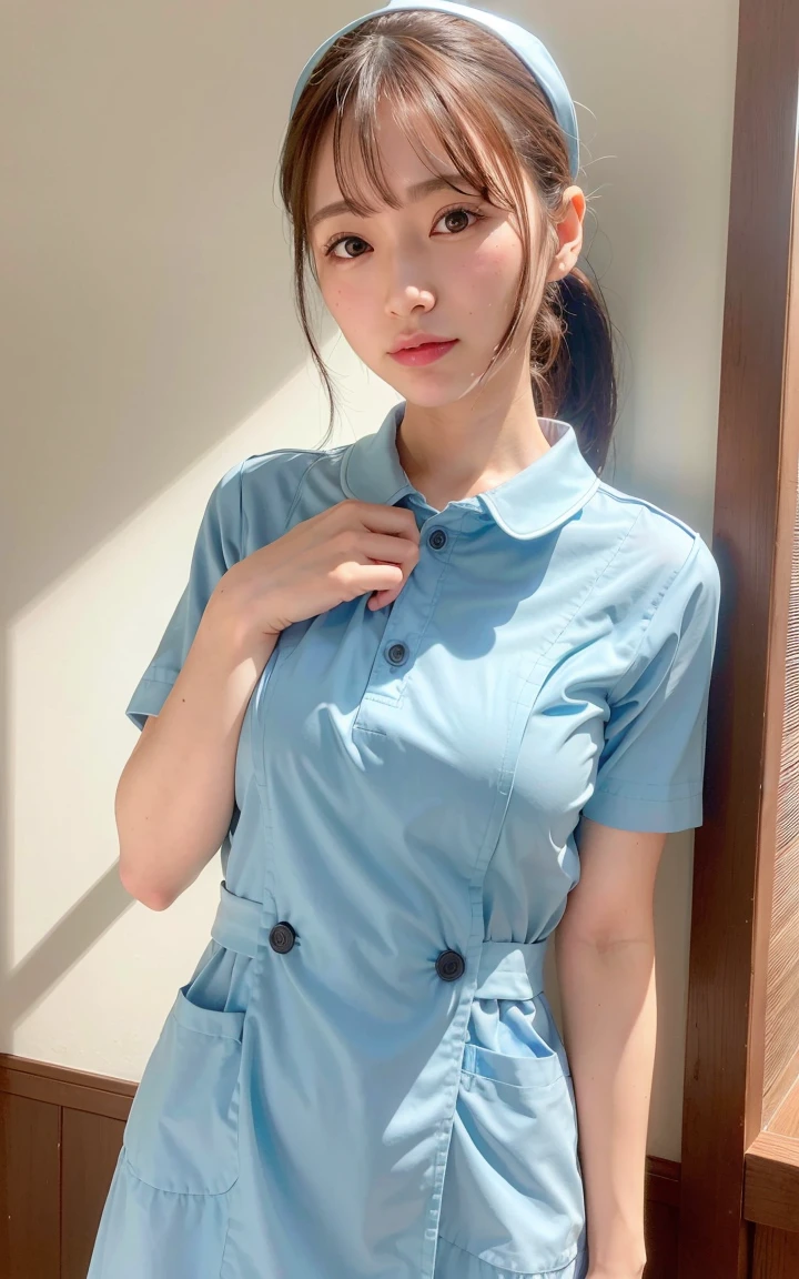 A cute girl is confined and tied up、Beauty、Make your eyes even、My hands are tied with ropes、Inside the room、Light blue semi-long skirt、Red short sleeve shirt、Standing in front of a wall、Age 25、Medium build、Like real life、highest quality、
