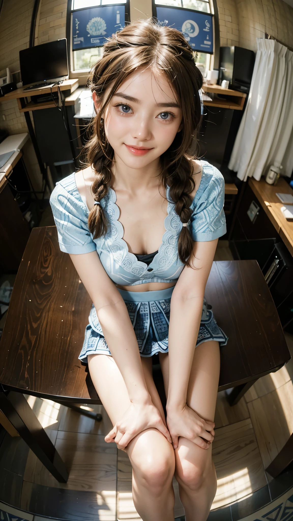 Two Japanese women, (smile:1.05),Browsing Caution、A camera angle looking up at a girl from waist height、8K,Highest quality, masterpiece, Very detailed, 超High resolution, Realistic, RAW Photos, , Absolute Resolution, Complete limbs、Complete Anatomy、Perfect beautiful skin、cute女の子1人,cute女の子 、、(smile:1.2)、Lolita Girl、(school uniform:1.3)、(Sleeveless shirt:1.1)、 ((When you raise your hands above your head, you can see your armpits.))、、Micro Mini Skirt、、Accentuate your thighs、cute女の子、 , Realistic young gravure idol, Japanese Girls、、by 2 person、(bedroom:1.2)、Mix 4, (16K, Raw photo, Best image quality, masterpiece: 1.45), (Realisticな, Photorealistic: 1.37), Two Girls, cute, Professional Lighting, Photon Mapping, bedroom, Physically Based Rendering, Dark brown long bob hair,Beautiful, well-groomed eyes、double eyelid、With a girl, (((Sleeveless shirts worn by Japanese high school girls、Checkered mini skirt,、Dark blue socks、Black Loafers))), Highest qualityの写真, High resolution, 1080P, (Clear Face), (Detailed face description), (Detailed hand description), (masterpiece), masterpiece、Rich details、(Beautiful Faces)、(Highest qualityの写真)、(Detailed eyes)、 in front of you、Thin clavicle、((Slim and large))、(((Japan wears short-sleeved shirts)))、((Pure Idol))、((明るいbedroom))、(Shot from random perspectives)、(((とにかくcute)))、smile、Drawing the whole body from the knees、 nasolabial folds、(Large firm breasts:1.2)、Firm big ass、Two arms and two legs、(((from the front:0.4)))、bare hands、Symmetrical eyes、