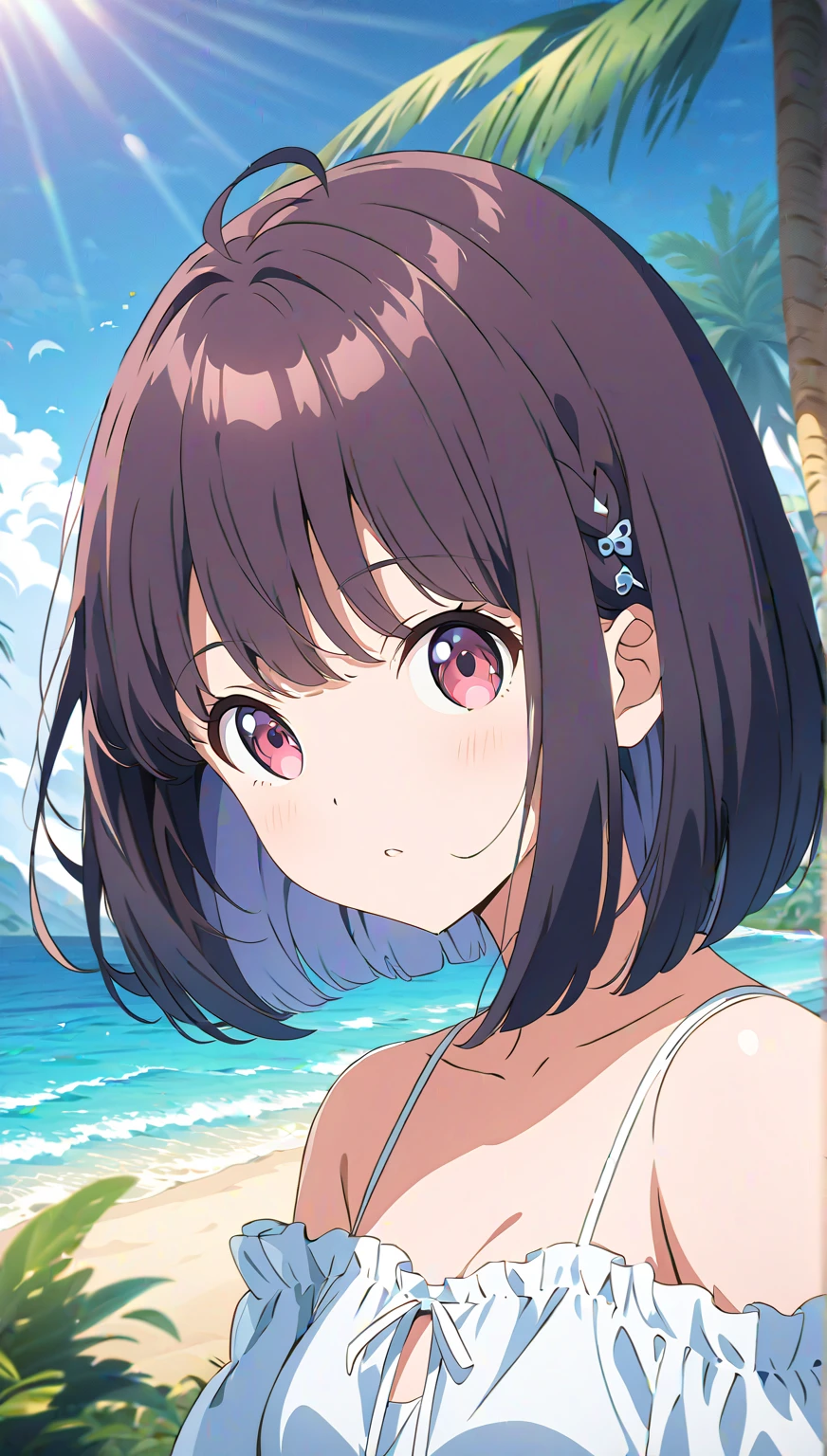 (masterpiece, Highest_quality), Familiar with CG Unity 8K Wallpaper,  Stunning _ok_shape,  break 1 girl , Short black hair,  small breasts, (Glamorous Appearance), red eyes,  Anime Style 4k ,  bob cut  , Beautiful Anime Portraits ,   Anime Moe Art Style ,  Animation Art Wallpaper 4K , High quality anime art style,   anime style portrait  ,  familiar with digital animation art,  Anime Art Wallpaper 8k ,   Cute Anime Girl Portrait , Hawaii Background, Blue Sea,  palm trees, sunlight, whole body, Break Depth of Field,   Perfect Hand, nice See alsos, 5_See also, 4_See also,1_親See also,