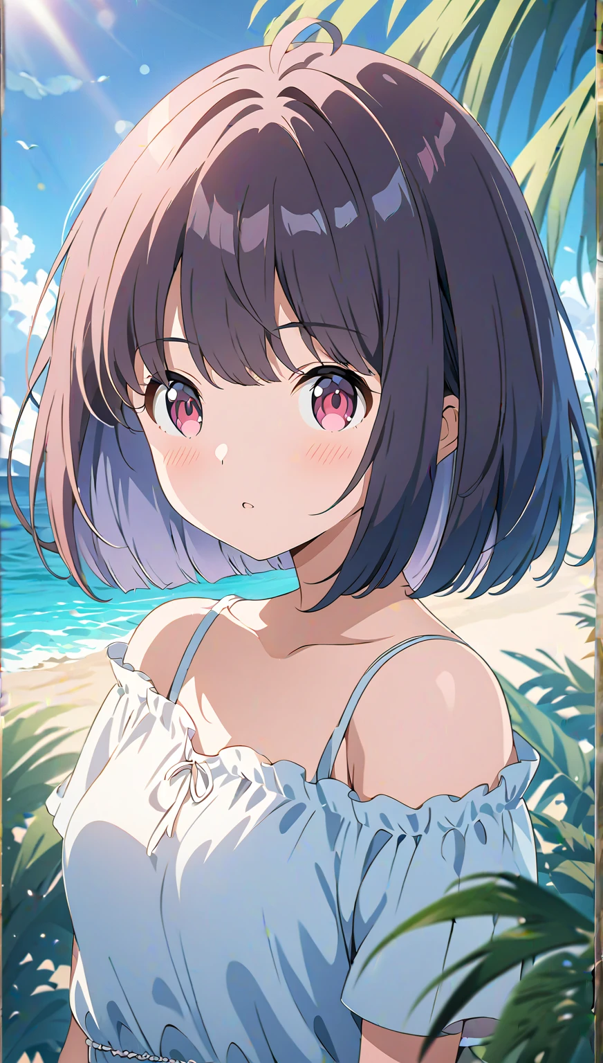 (masterpiece, Highest_quality), Familiar with CG Unity 8K Wallpaper,  Stunning _ok_shape,  break 1 girl , Short black hair,  small breasts, (Glamorous Appearance), red eyes,  Anime Style 4k ,  bob cut  , Beautiful Anime Portraits ,   Anime Moe Art Style ,  Animation Art Wallpaper 4K , High quality anime art style,   anime style portrait  ,  familiar with digital animation art,  Anime Art Wallpaper 8k ,   Cute Anime Girl Portrait , Hawaii Background, Blue Sea,  palm trees, sunlight, whole body, Break Depth of Field,   Perfect Hand, nice See alsos, 5_See also, 4_See also,1_親See also,