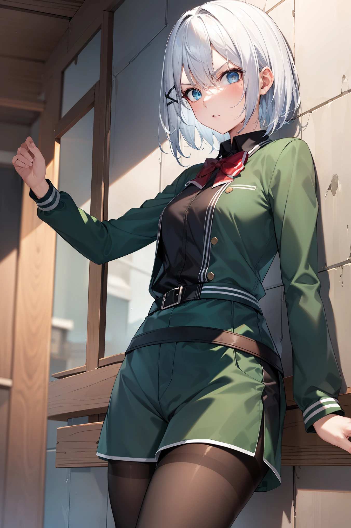 white hair, blue eyes, x hair ornament,
BREAK ((asticassia school uniform, front-seamed legwear, green jacket, green shorts, jacket, long sleeves, pantyhose:1.2)),
BREAK (angry, troubled eyebrow), looking at viewer, glory wall, through wall, stuck, wooden wall,
BREAK (masterpiece:1.2), best quality, high resolution, unity 8k wallpaper, (illustration:0.8), (beautiful detailed eyes:1.6), extremely detailed face, perfect lighting, extremely detailed CG, (perfect hands, perfect anatomy),