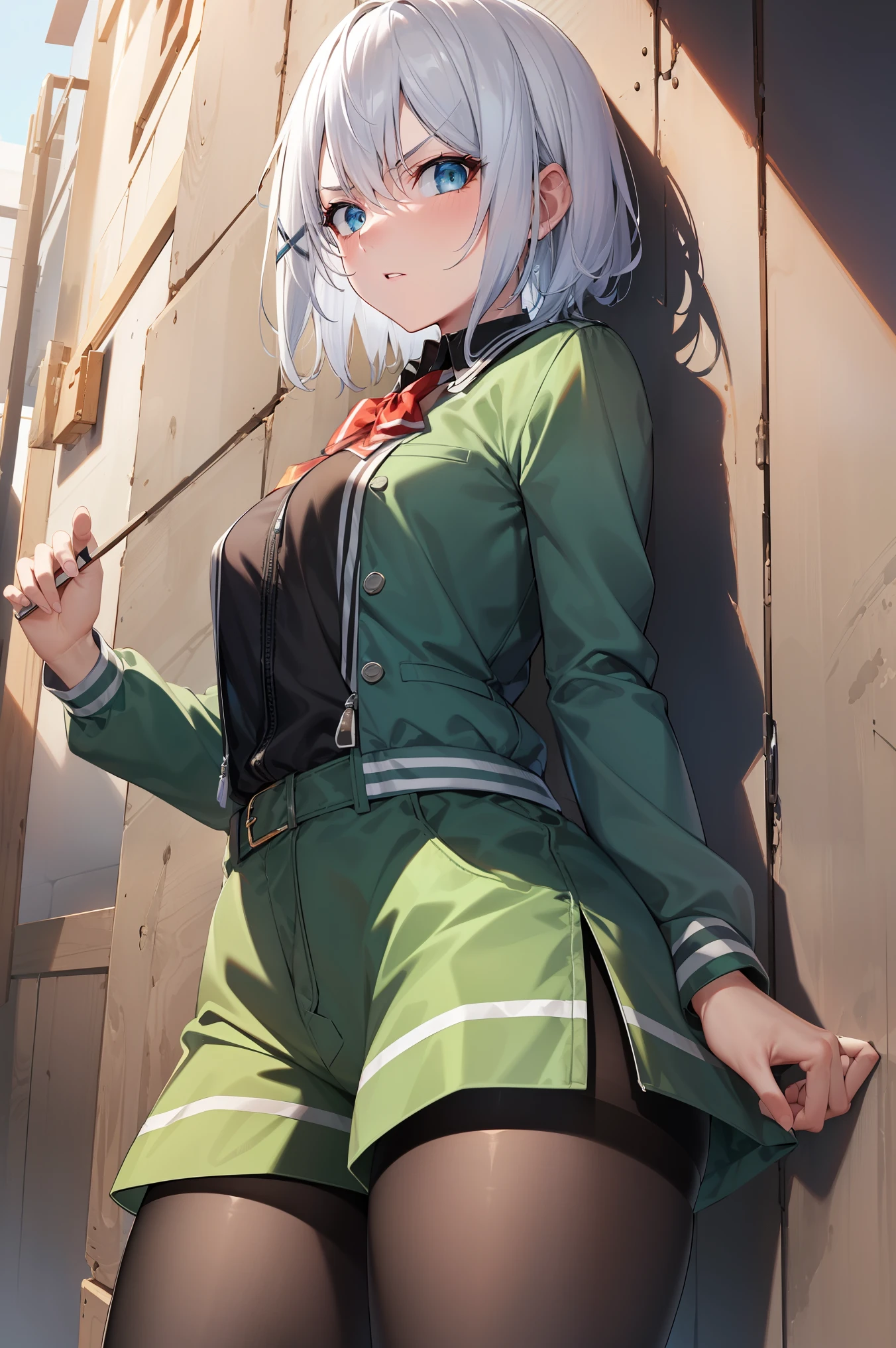 white hair, blue eyes, x hair ornament,
BREAK ((asticassia school uniform, front-seamed legwear, green jacket, green shorts, jacket, long sleeves, pantyhose:1.2)),
BREAK (angry, troubled eyebrow), looking at viewer, glory wall, through wall, stuck, wooden wall,
BREAK (masterpiece:1.2), best quality, high resolution, unity 8k wallpaper, (illustration:0.8), (beautiful detailed eyes:1.6), extremely detailed face, perfect lighting, extremely detailed CG, (perfect hands, perfect anatomy),