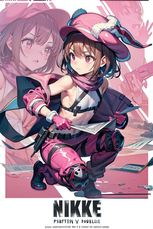 IncrsNikkeProfile, holding pink gun, p90, 
 (looking away:1.4), 
Holding a weapon in hand, gripping p90, 
full body, zoom layer,
holding weapon, holding gun,
one knee,
bewitching pose, heavy breathing, Fog, (sweat skin), sweat, ( stuffy armpits:1.2),
(glossy vagina),
Llenn,anime style,(( best quality)), ((masterpiece)),( Details), high definition ,Sharp focus, perfect face, beautiful eyes,{best illustration},(非常に Details CG unity 8k wallpaper),
((( vibrant colors))),(((shiny 肌,very shiny 肌, shiny body on the sheet))),(plastic glitter 肌),(exaggerated shiny 肌,illuminated skin),
( perfect finger),(Five fingers),(complete anatomy),1 girl, , slim, small, (flat chest), Short Hair, light brown hair, female , undressing, half undress, Pink jacket, (pants) ,fur trim, gloves, (straps), Pink animal hat, knee pads,

Abandoned house, concrete wall, cracked wall surface , Broken wooden box , Wooden box protected by linen, Daytime, dim,  concrete floor ,