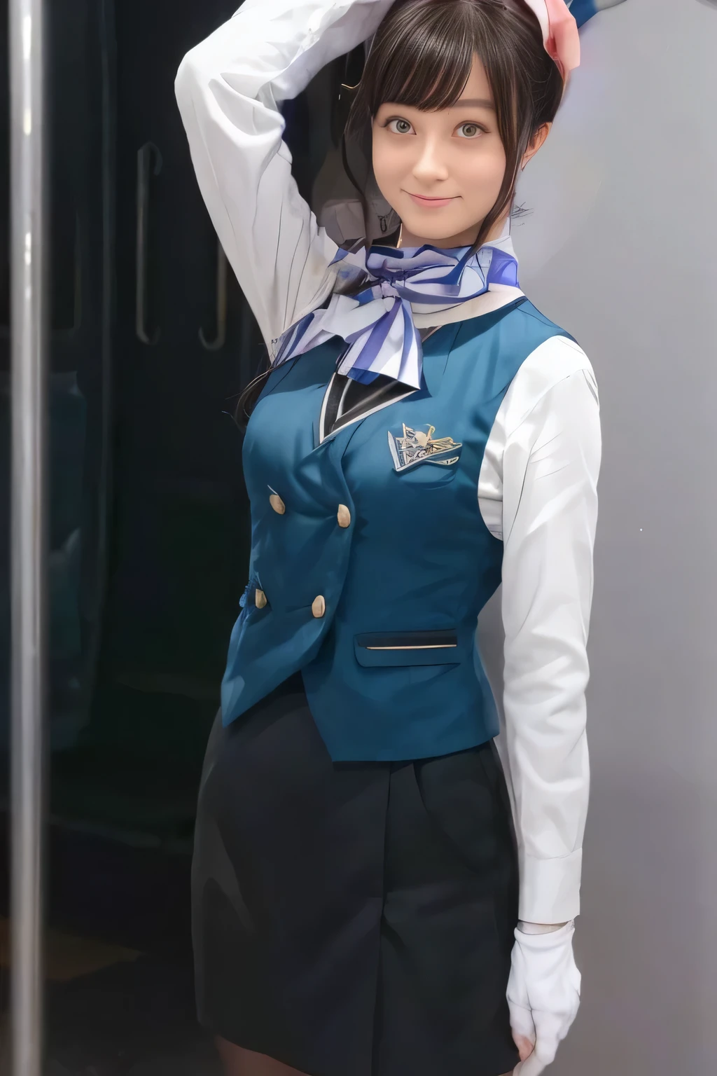 (  Masterpiece :1.2,   best quality:1.2), 32kHDR,   kampala, (Alone、   1 girl)、（what 、  Professional Writing ）、In-flight background、（Nankai Train crew uniformを着たリアルなスタイル）、（（Nankai Train crew uniformのグリーンのベスト））、（（ Nankai Train Crew Uniform Collarless White Long Sleeve Blouse）） 、（（Nankai Train Crew Uniform Culotte Skirt  、Scarf around the neck））、   lots of dark brown hair 、（  long hair、Hair tied up、Hair tied up）、   lots of dark brown hair 、 Long Hit 、Big Breasts、Thin legs、（（ amazing hands：2.0）），（（  Harmonious physique  ：1.5）），（（Normal limbs：2.0）），（（Usually ：2.0）），（（  delicate eyes ：2.0）），（（Normal eyes：2.0））)、smile、（Nankai Train crew uniformを着た美しい姿）、Hands crossed underneath 