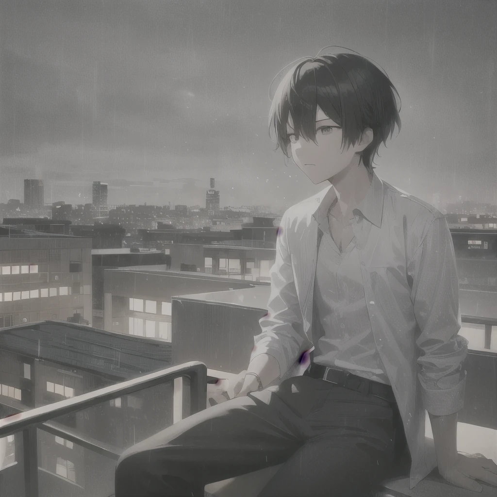 dark hair , black eye, dark sky , rain, inexpressive, White shirt, I'm sitting on the roof in a black short coat , short hair , Sitting on the roof railing, black long pants, male 1