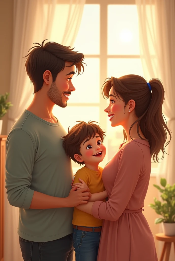 Disney-style animated image of a white-skinned woman with red hair and brown eyes with glasses and a light-skinned man with a beard and black hair with a slightly large nose and brown eyes. ,carrying a 10-month-old baby with white skin, black hair and big eyes