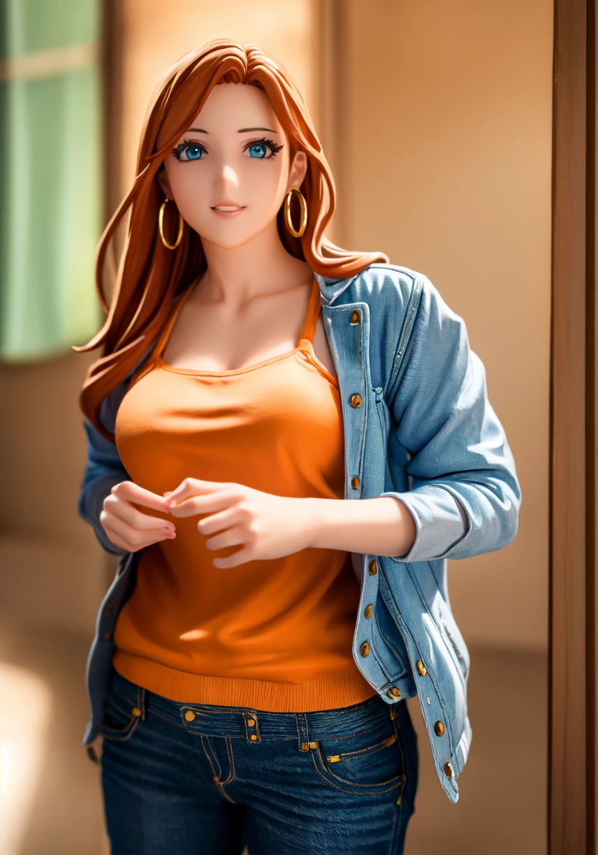 25-year-old woman with European facial features, (((ginger shoulder-length hair))), bangs, makeup, earrings and jewelry, eyelashes, (((pink shirt))), ((busty)), jeans, sitting on the sofa, looking at the viewer , darkened room