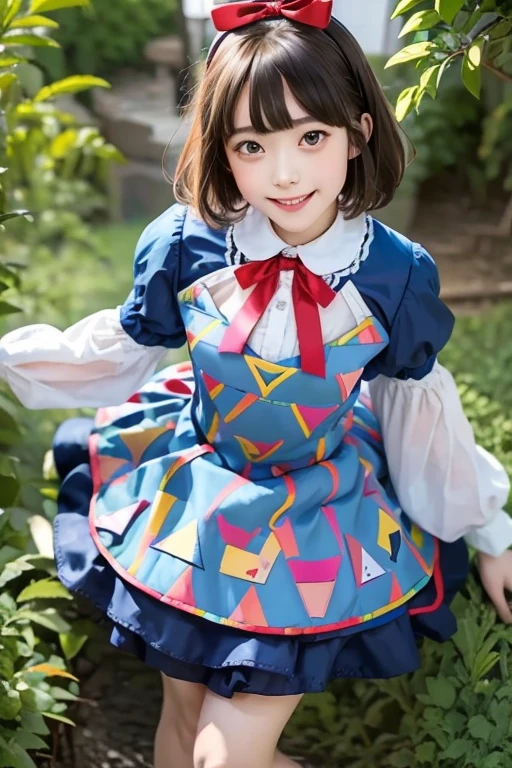 1 ( Alice in Wonderland), (He wears a large triangular ribbon on his head........),  shorthair,  young woman,   kind smile,  brightly colored clothes , Shen