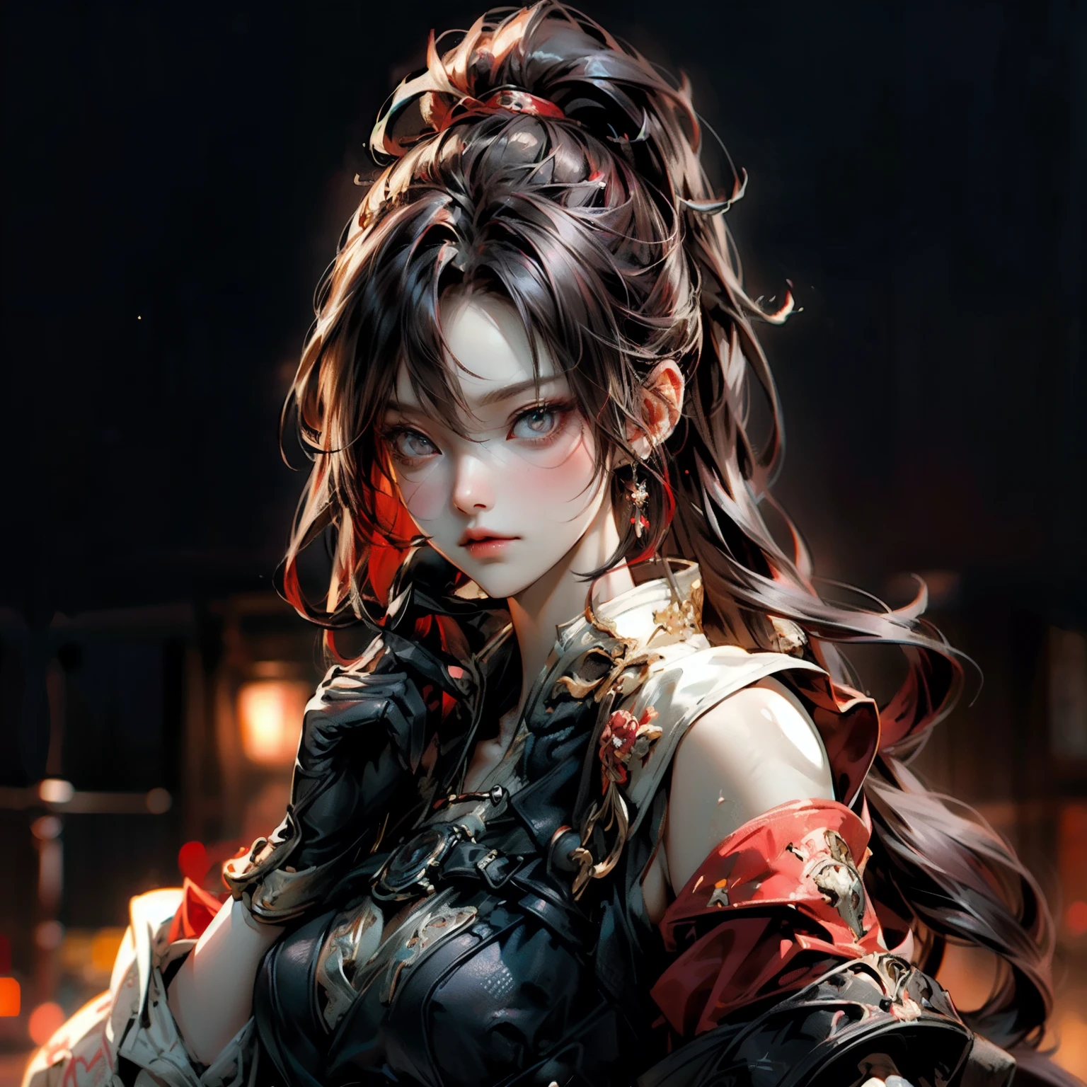 ((best quality)), ((Masterpiece)), ((Enrich the picture,Masterpiece level quality)), ultra background details, an image of a beautiful cyberpunk woman, mature woman, fierce woman, fantasy theme, hips up, fantasy, ((red hair, High ponytail)), beautiful golden eyes, super eyes details, จมูกโด่ง, ปากแดง, หน้าอกใหญ่, perfect proportions, ultra detailed, volumetric lighting, soft lighting, glossy skin, intricate golden embroidery, ต่างหู, slender fingers, close up face, sexy black mini skirt, sexy red mini bikini, holy paladin, heavy paladin armor, แขนตรงแนบลำตัว, Night city, soul