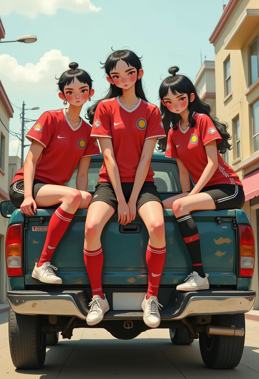 The soccer players are riding in a pick-up truck wearing red and black uniforms.