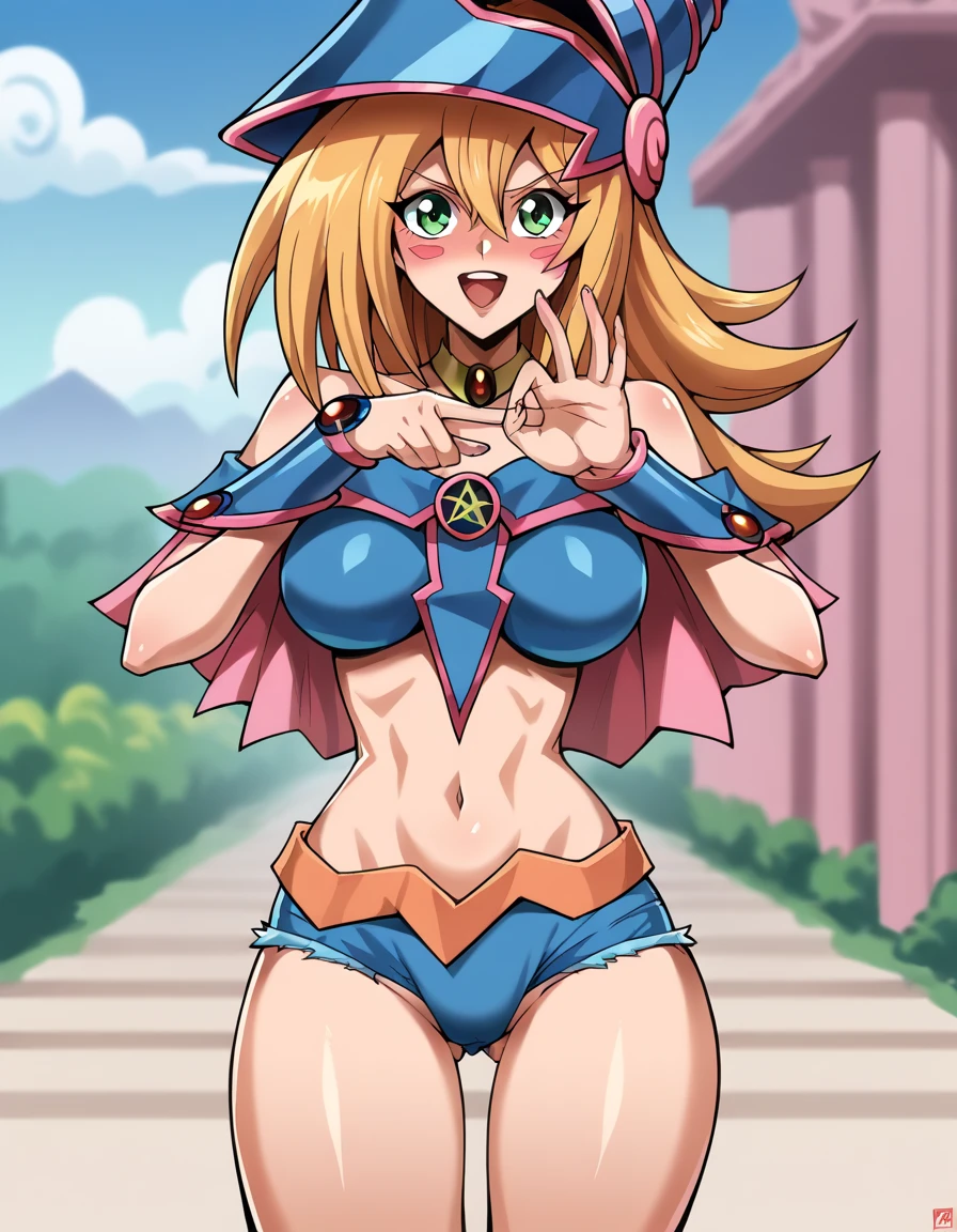 masterpiece, (highres:1.2), (ultra-detailed: 1.2), dark magician girl wearing a microkini, standing, looking at viewer, background, depth of field, intricate details, highly detailed, best quality, masterpiece, lewd expression, sex gesture, sger, hourglass figure, nice hips,