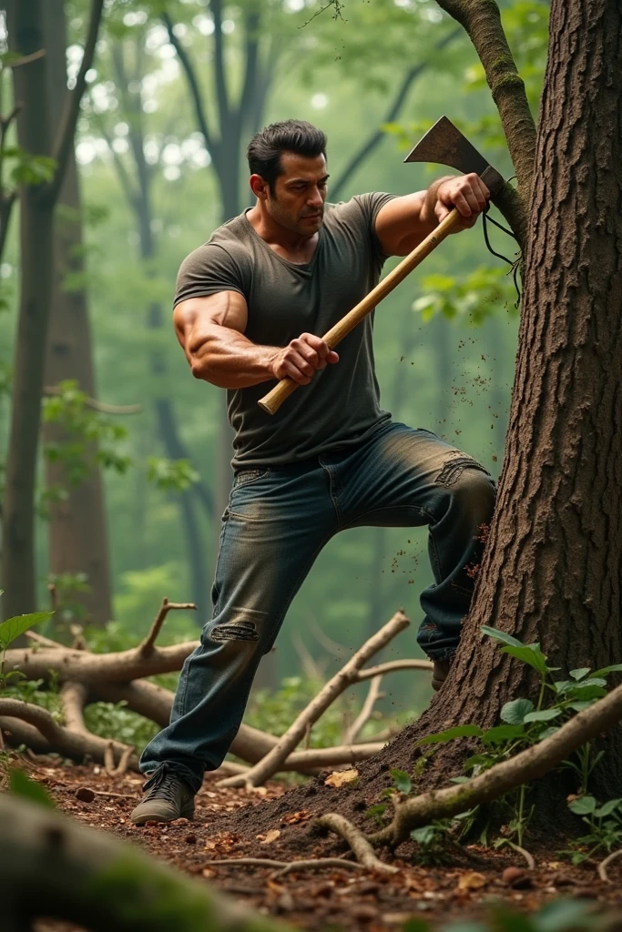 (giant man, axe,chopping down trees),(redwood trees),(massive, muscular)